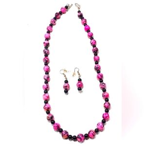 Marbled Pink and Black Beaded Necklace with Matching Dangle Earrings